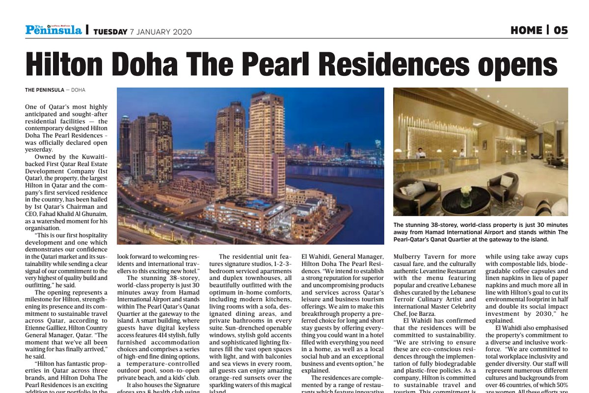 The Peninsula — Hilton Doha The Pearl Residences opens